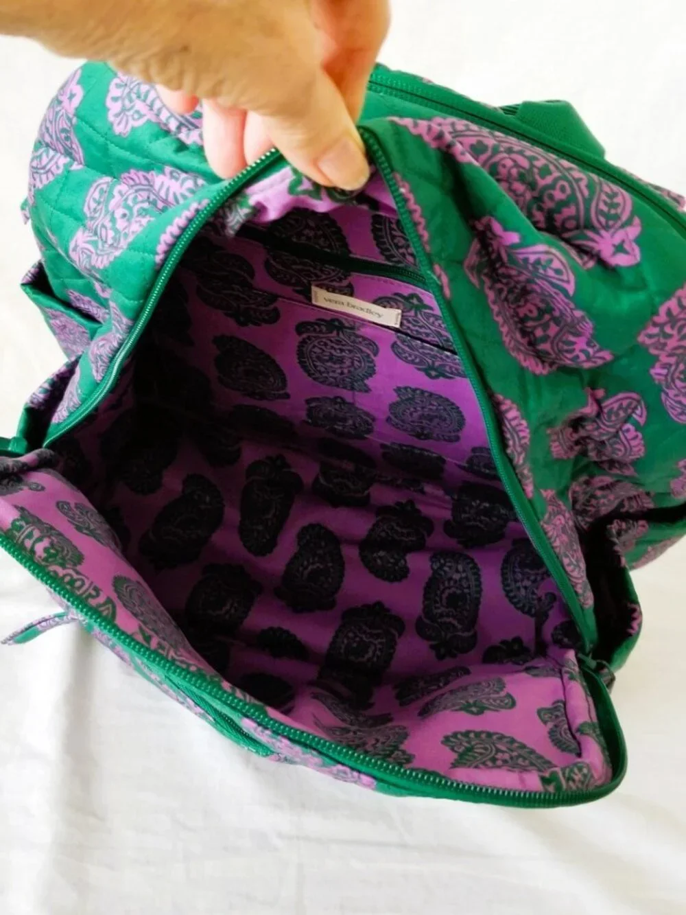 NWOT! Vera Bradley Green & Purple Paisley Quilted Backpack with Laptop Pocket